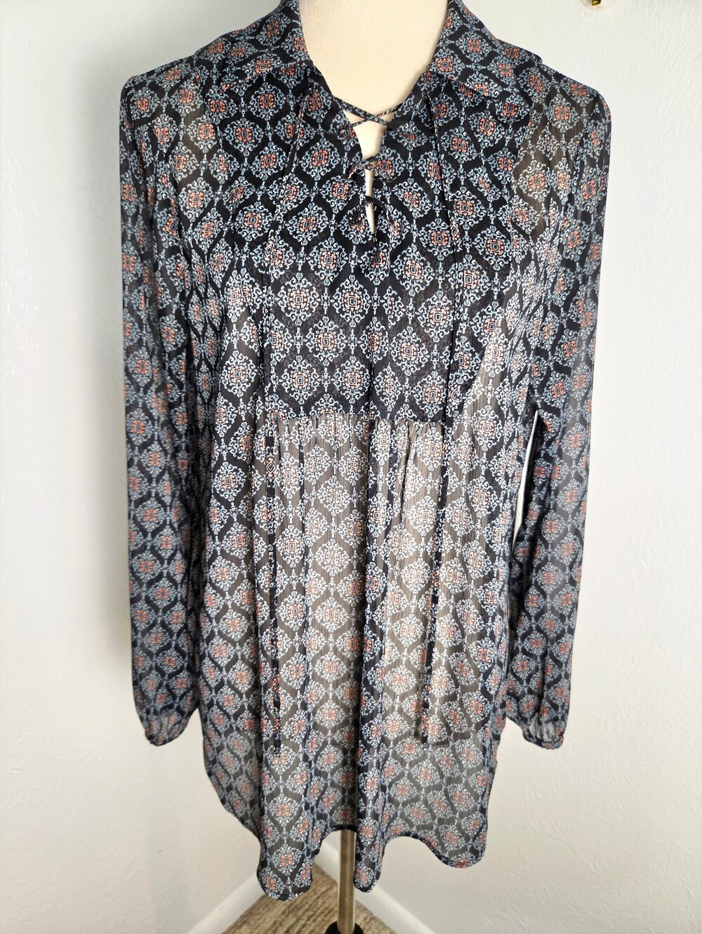 Mossimo Black, Blue, Pink Patterned Sheer Blouse, Lace-up Neckline, Sz Medium